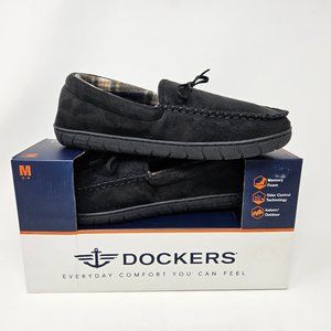 NEW Dockers Mens Size Medium (8-9) Black Memory Foam Moccasin Slippers Slip On